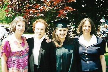  three generations of Simmons graduates at Peggy’s granddaughter’s graduation. From left, Judy Saslow Bounan ’76, Shanna Saslow Engel ’03, Peggy Saslow ’44, and Susan Saslow ’73.
